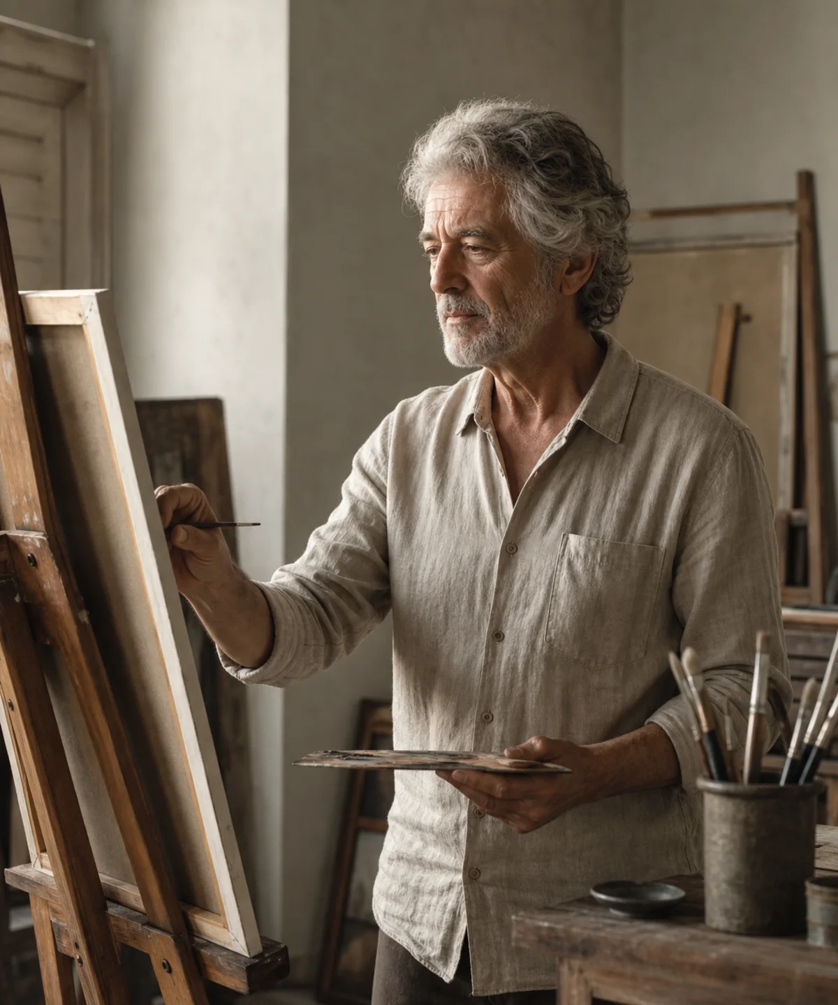 L'artista nel suo studio accanto a un cavalletto
