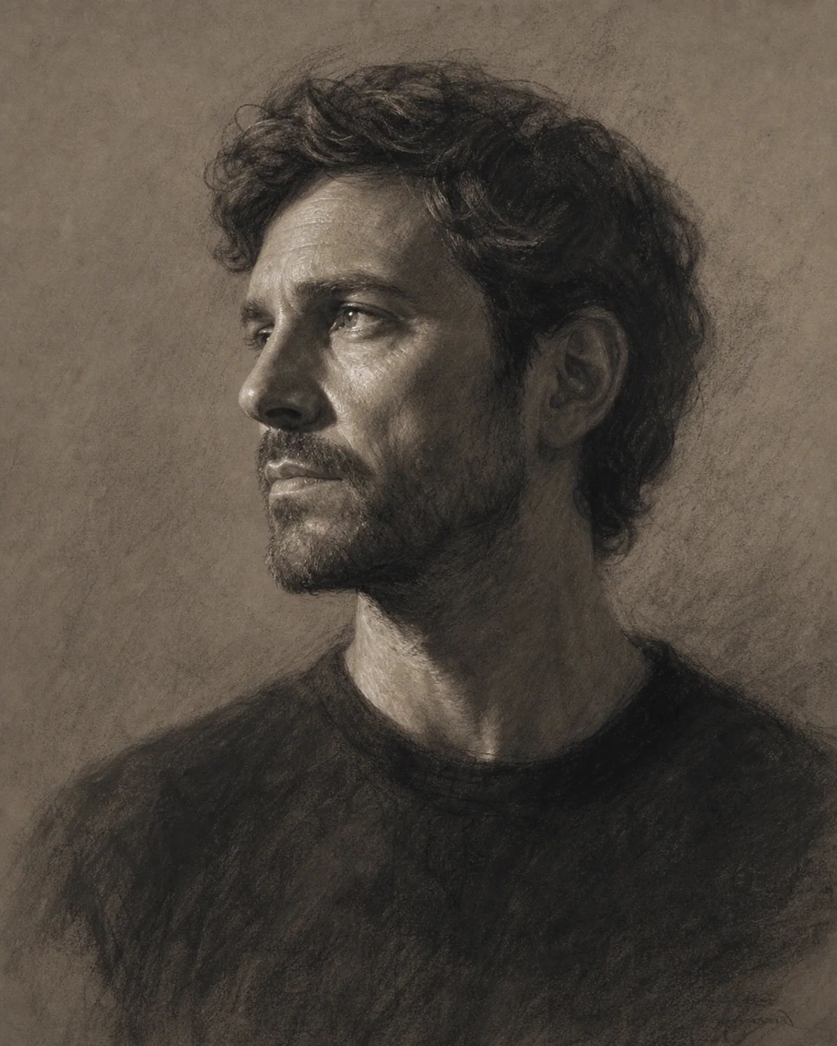 Ritratto monocromatico a carboncino di un uomo di profilo