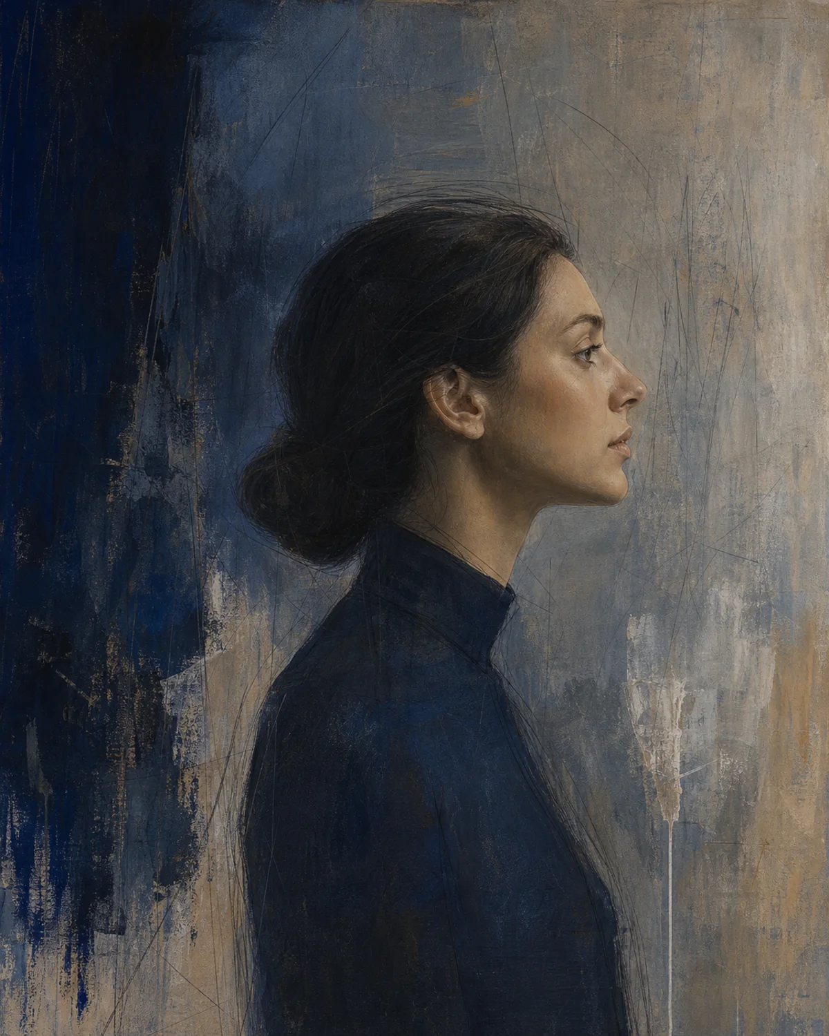 Ritratto di profilo su fondo blu scuro, realizzato a tecnica mista